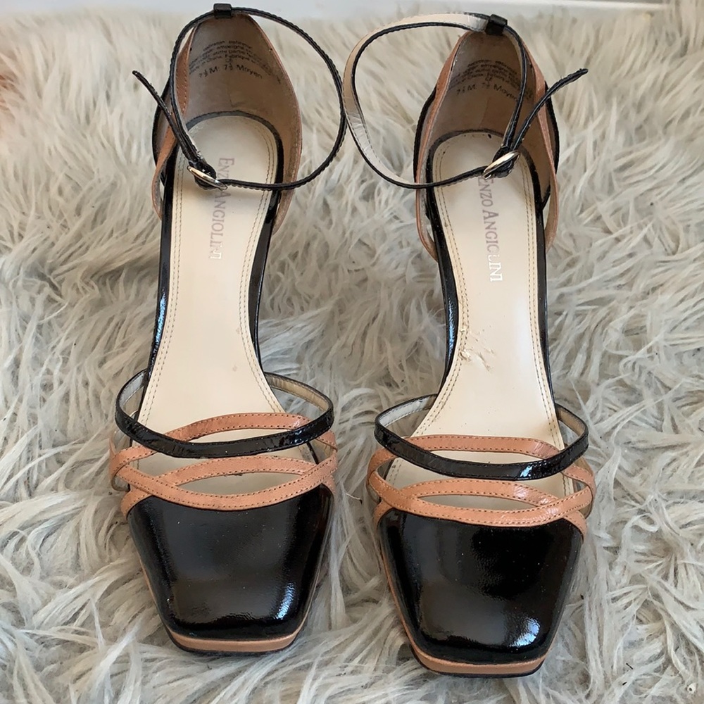 Enzo Angiolini Tan and Black Ankle Strap Platform Heels